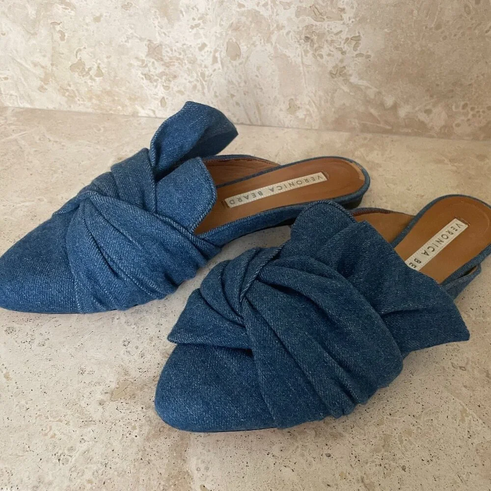 VERONICA BEARD Flat Denim BOW Mules Size 37